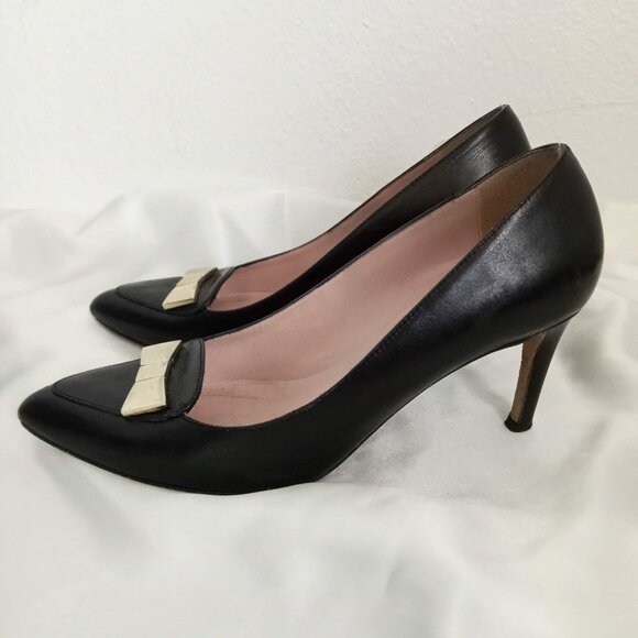 Kate Spade Gold Bow Black Leather Pumps High Heels Pointed Toe Embellished - Picture 3 of 10